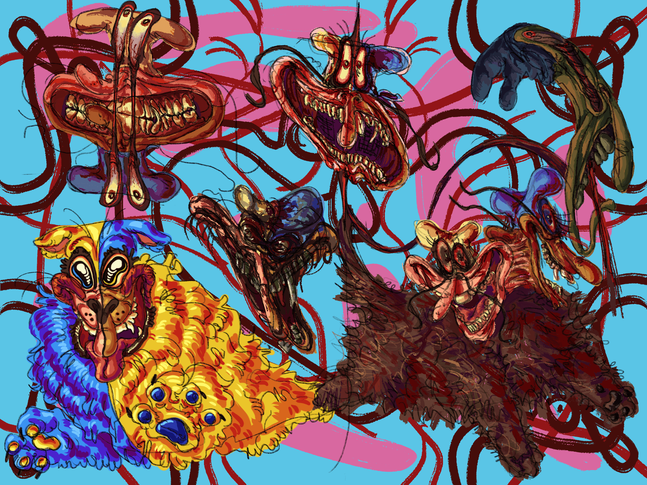 a collection of abstract and horrific fusions between the Noise and the Doise. There fusions are the following: the Noise and Doise, both baring their teeth, conjoined by the bottoms of their mouths and eyelids. The Noise and Doise fused in between the middle of their faces, the Noise smiling while the Doise is forwning, both with their mouths agape. A disembodied Doise groaning in pain with a bloodshot eye and a gap for a removed tooth, in which blood is gushing out of the hole. The Noise and the Doise as a furry-like dog with their respective color schemes distributed like a jester outfit; their faces are fused together to create one cohesive face and the artstyle is overly cartoony/cute, but it still comes off as unsettling. A messy split fusion of the Noise and Doise with muddy rendering, smiling maniacally. Lastly, there is another Noise-Doise dog fusion, accept the dog body has plain brown fur, the two characters' heads are conjoined at the back as if glued together, and their eyes are bloodshot. The background consists of a bottom layer of abstract shapes in the Doise's color scheme, a middle layer of red lines reminiscent of veins, and a top layer of dark red outlines of a Noise-Doise-like face.